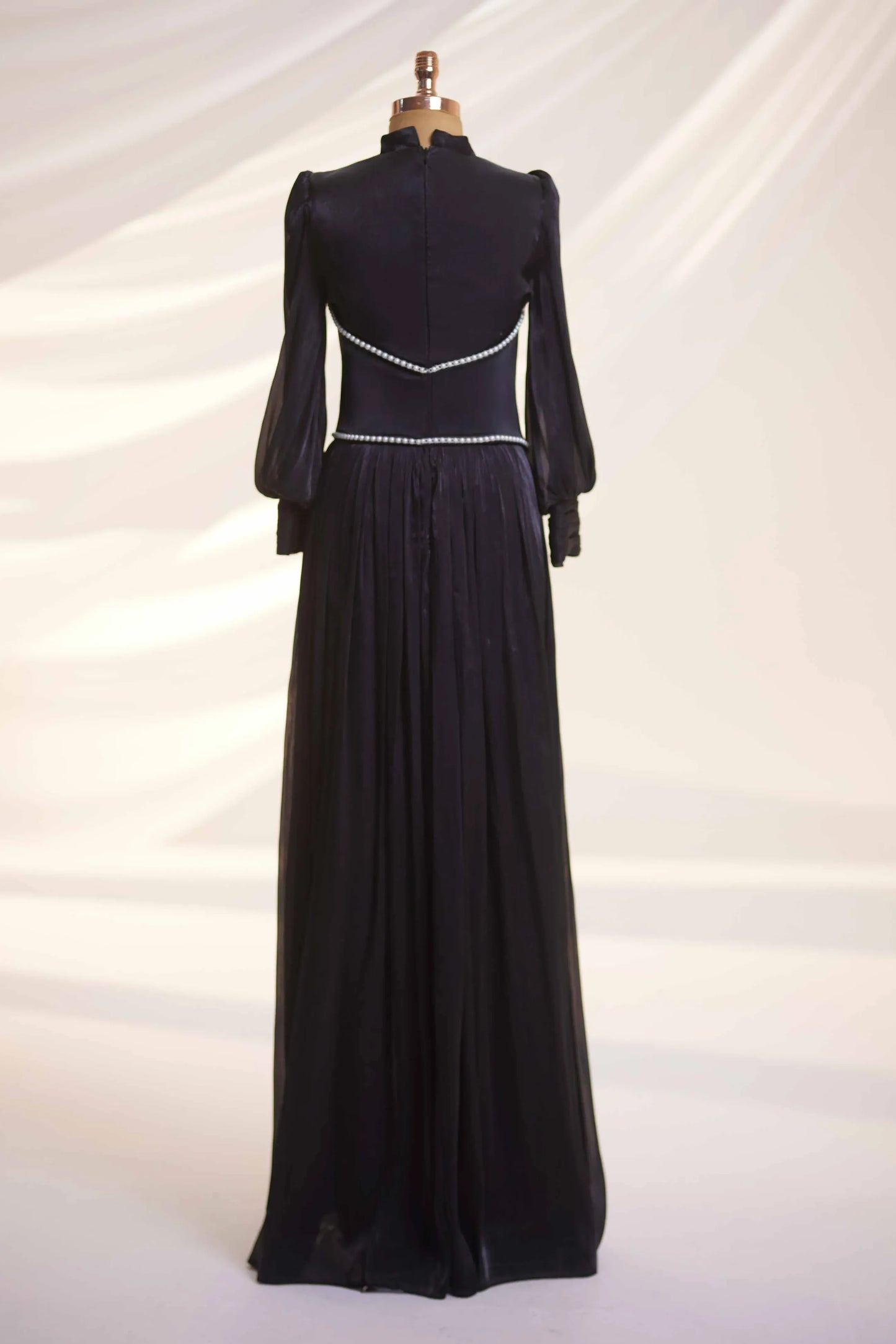 Black Organza Pearl Detail Modest Evening Dress