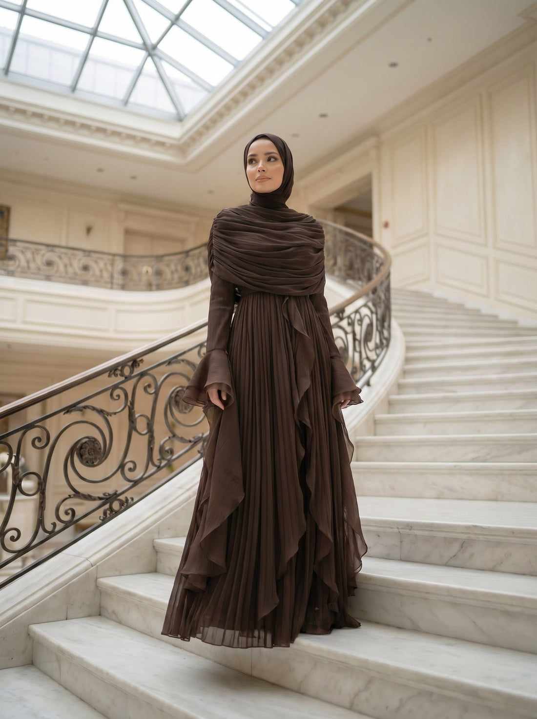 Brown Chiffon Modest Evening Gown