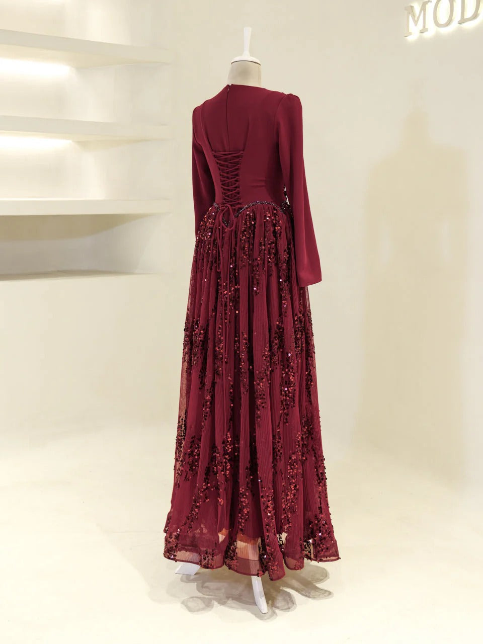 Nada Satin and Tulle Modest Evening Dress -Burgundy