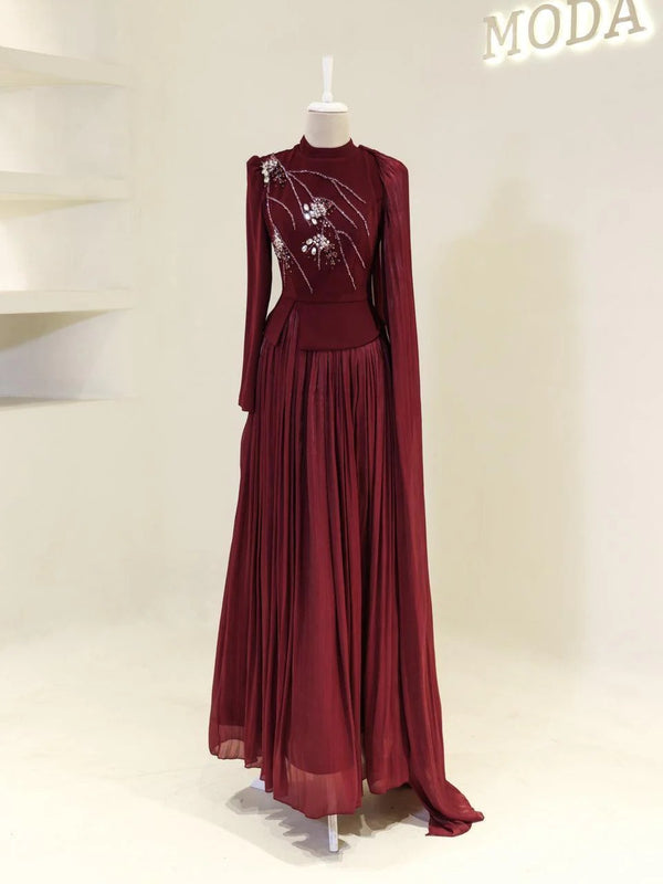 Beaded Embellished Maxi Evening Dress for Formal Events - Burgundy