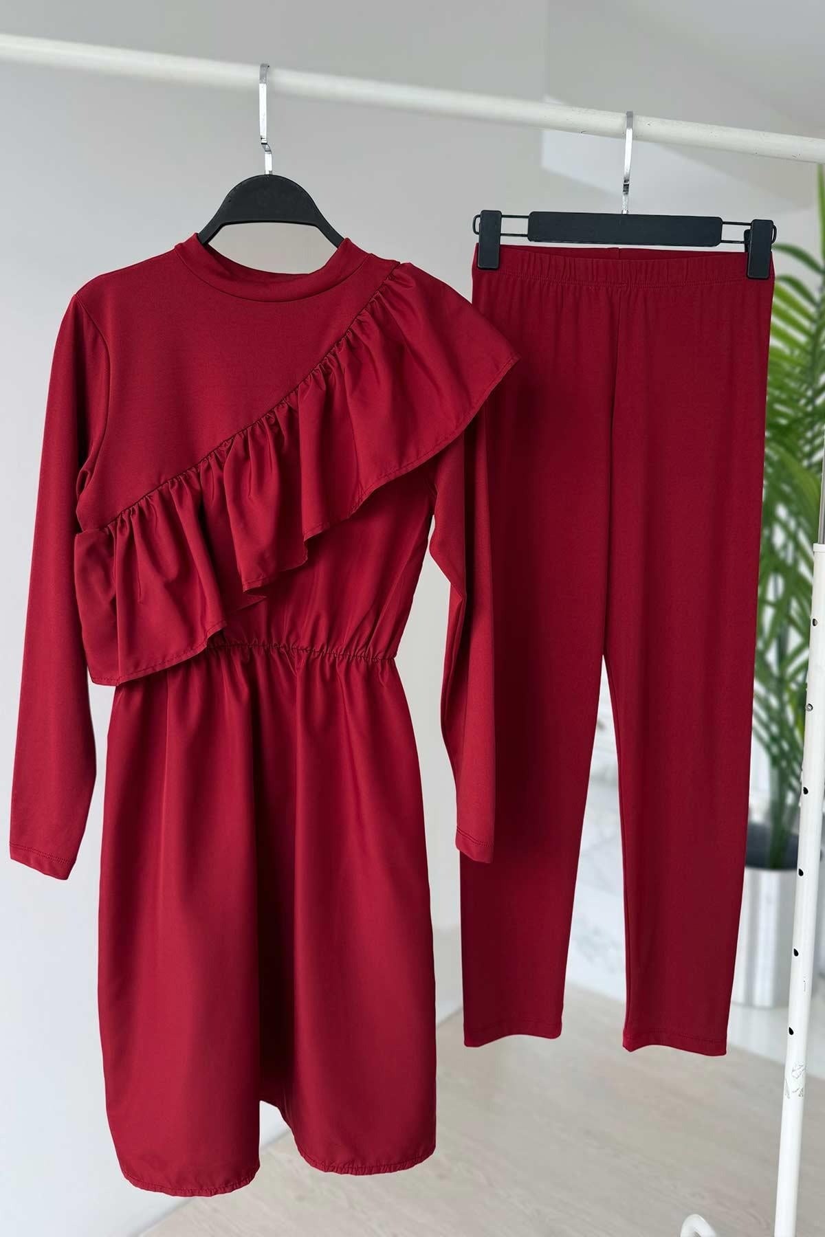 Ruffle Detail Full Coverage Burkini - 2 Piece Modest Swimsuit in Burgundy