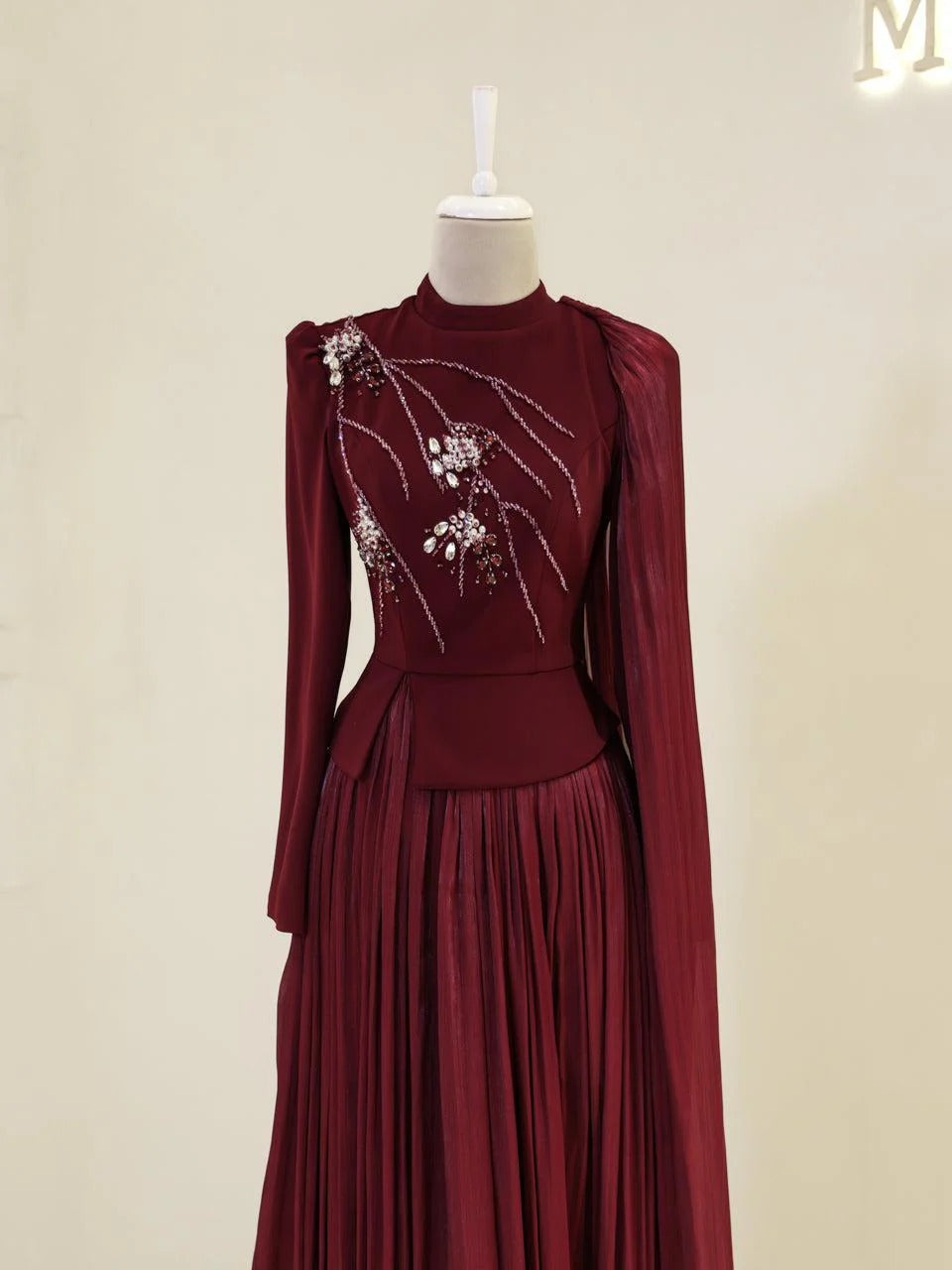 Beaded Embellished Maxi Evening Dress for Formal Events - Burgundy