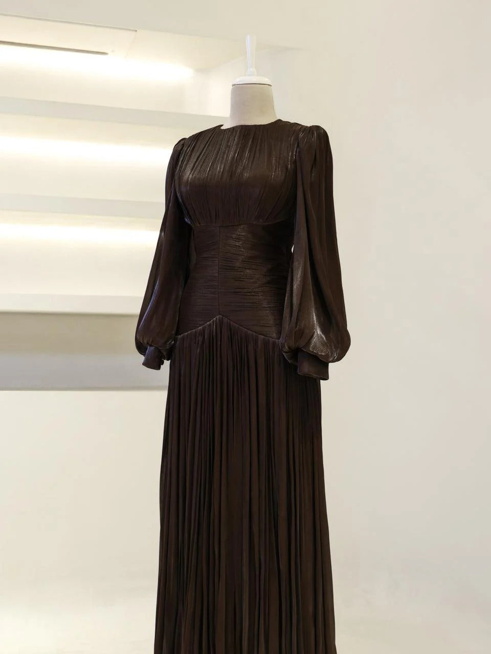 Shimmering Orchid Modest Evening Dress - Flare Pleated Gown - Dark Brown