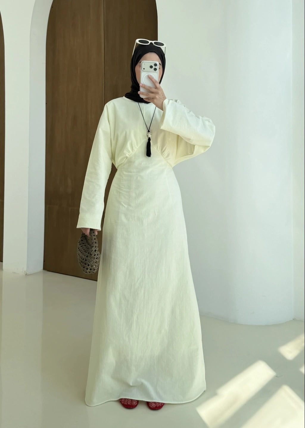 Yellow Cotton Tie-Back Maxi Dress - Waist Detail Long Sleeve Gown