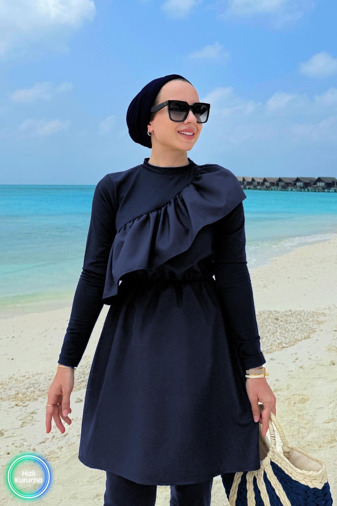 Ruffle Detail Full Coverage Burkini - 2 Piece Modest Swimsuit in Navy Blue