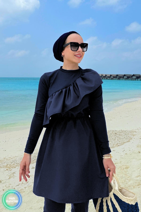 Ruffle Detail Full Coverage Burkini - 2 Piece Modest Swimsuit in Navy Blue