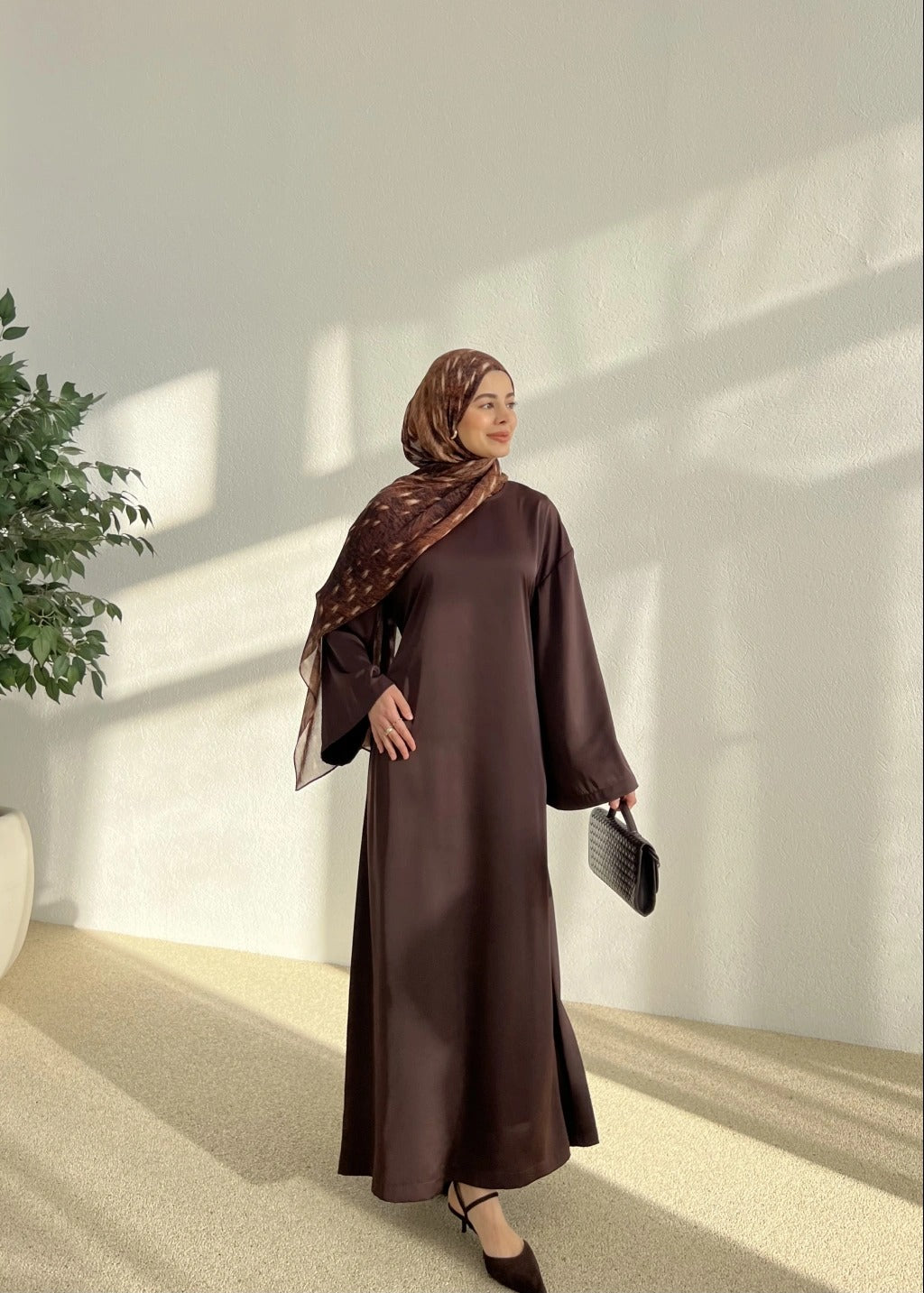 Brown Satin Adjustable Waist Dress
