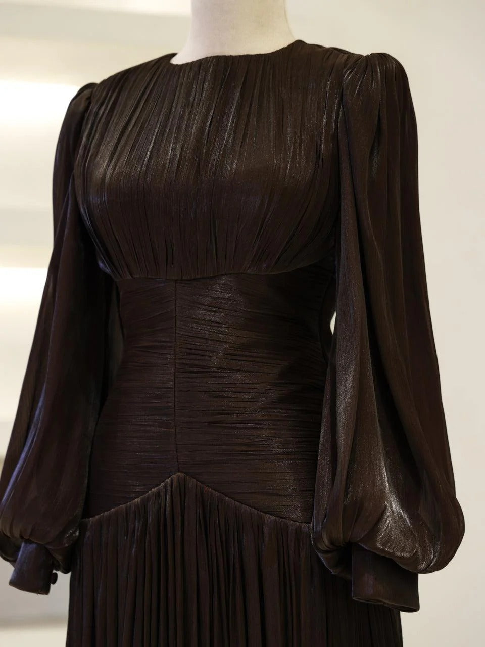 Shimmering Orchid Modest Evening Dress - Flare Pleated Gown - Dark Brown