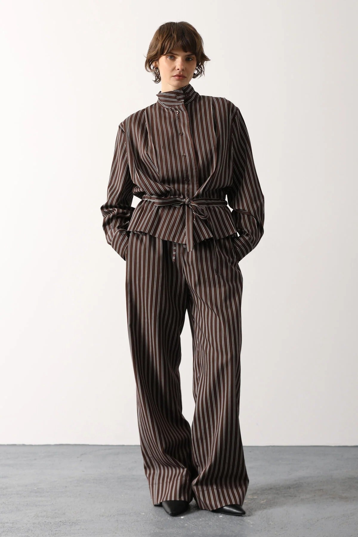 Brown Striped Poplin Shirt & Wide-Leg Trouser Co-ord Set