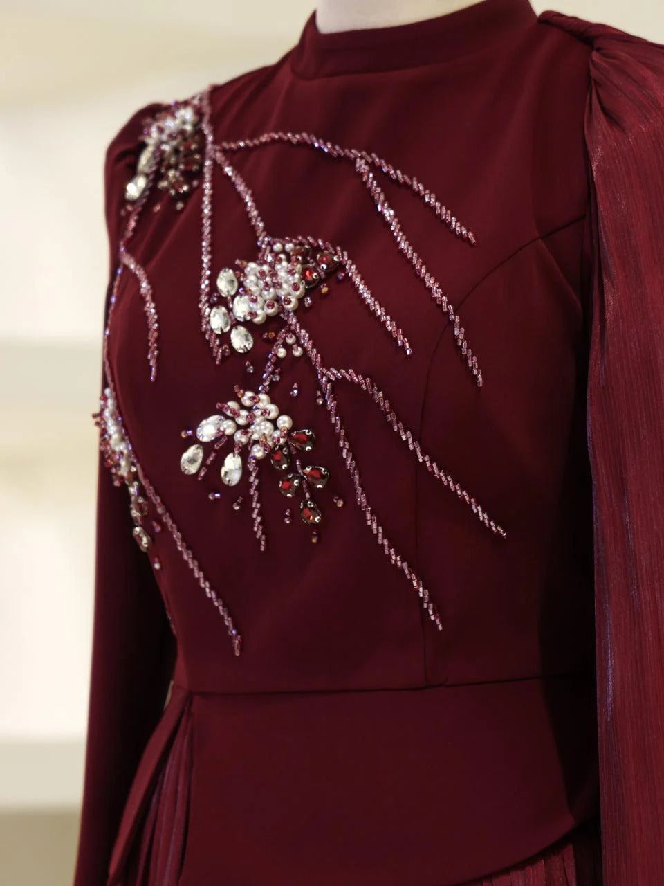 Beaded Embellished Maxi Evening Dress for Formal Events - Burgundy