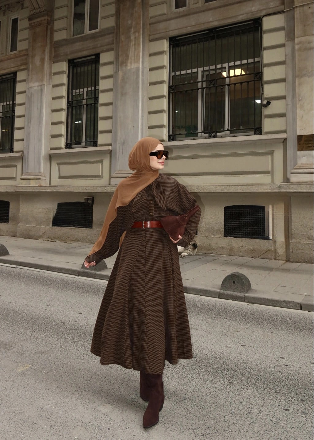 Brown Tartan Ribbon Neck Two-Piece Set