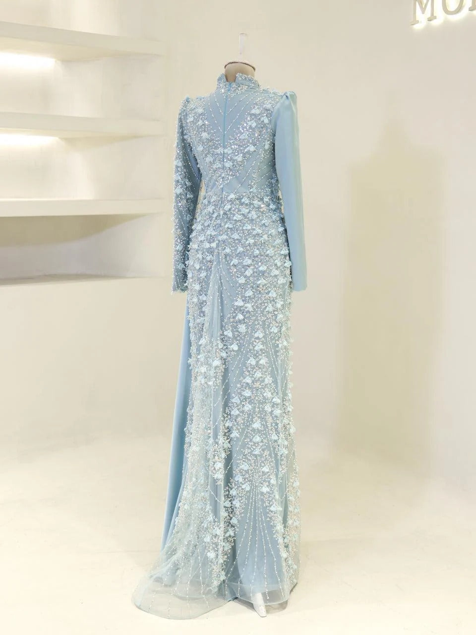Darelia Textured Feather-Effect Gown- Blue