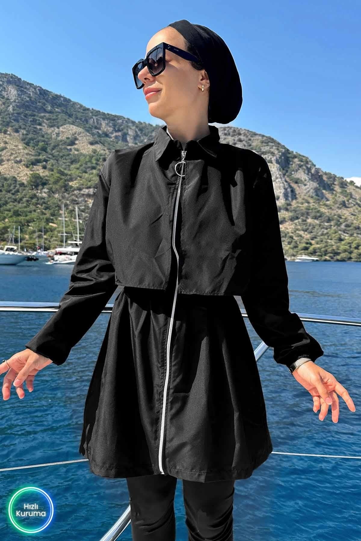 Sea Black Full Coverage Burkini - 2 Piece Quick-Dry Modest Swimsuit
