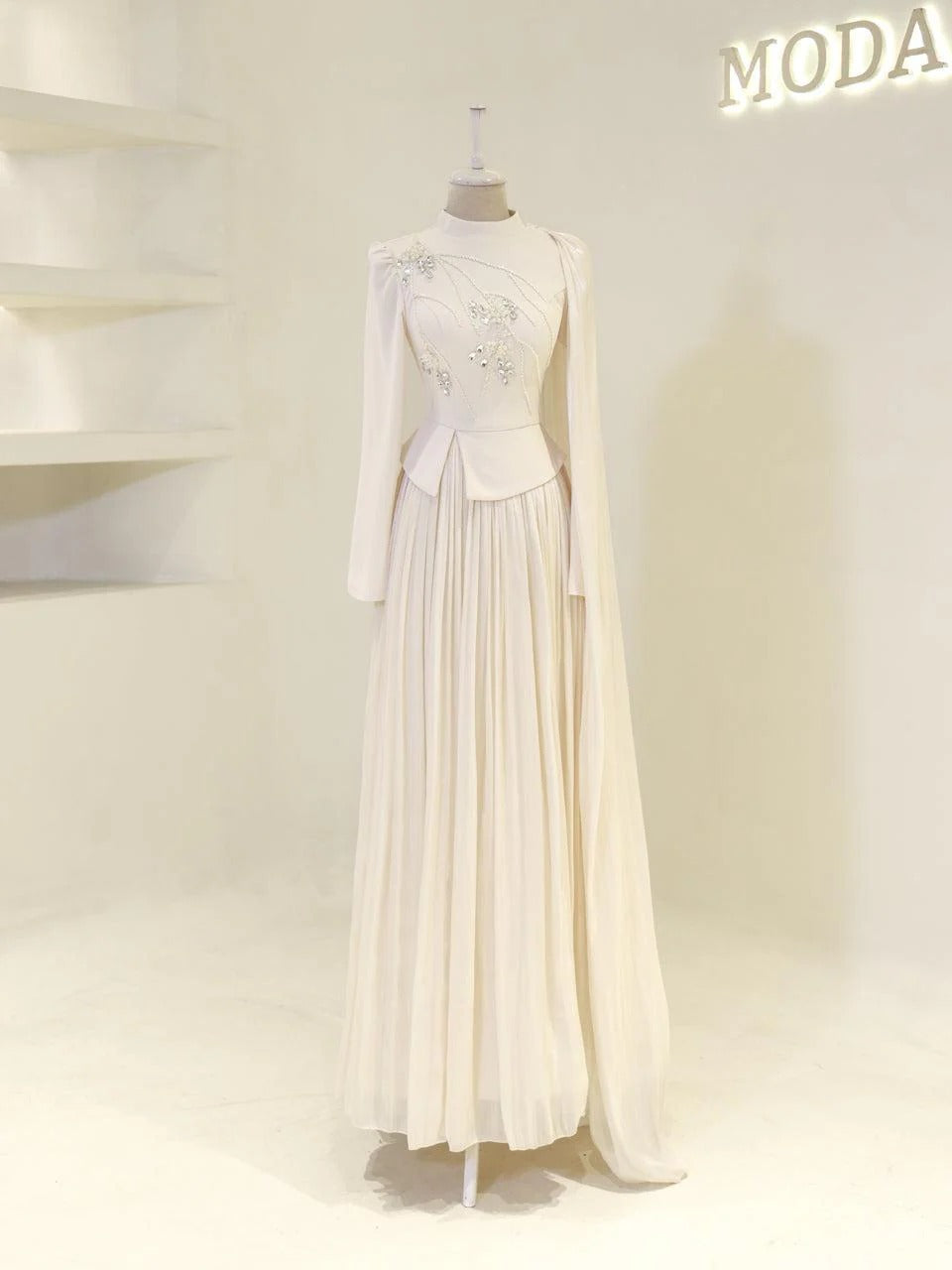 Beaded Embellished Maxi Evening Dress for Formal Events - Cream