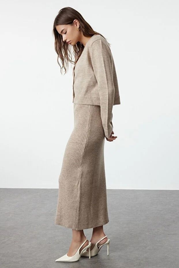Dark Khaki Ribbed Soft-Knit Dress & Cardigan Set