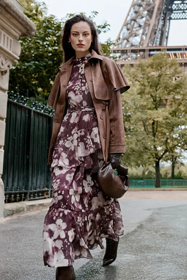Mauve Floral Shiny Button-Detail Woven Chiffon Dress