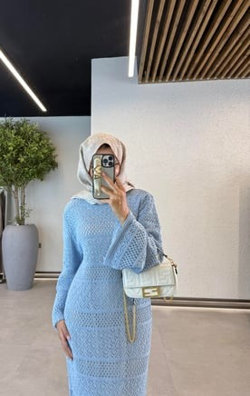 Crochet Maxi Dress with Lining- Blue
