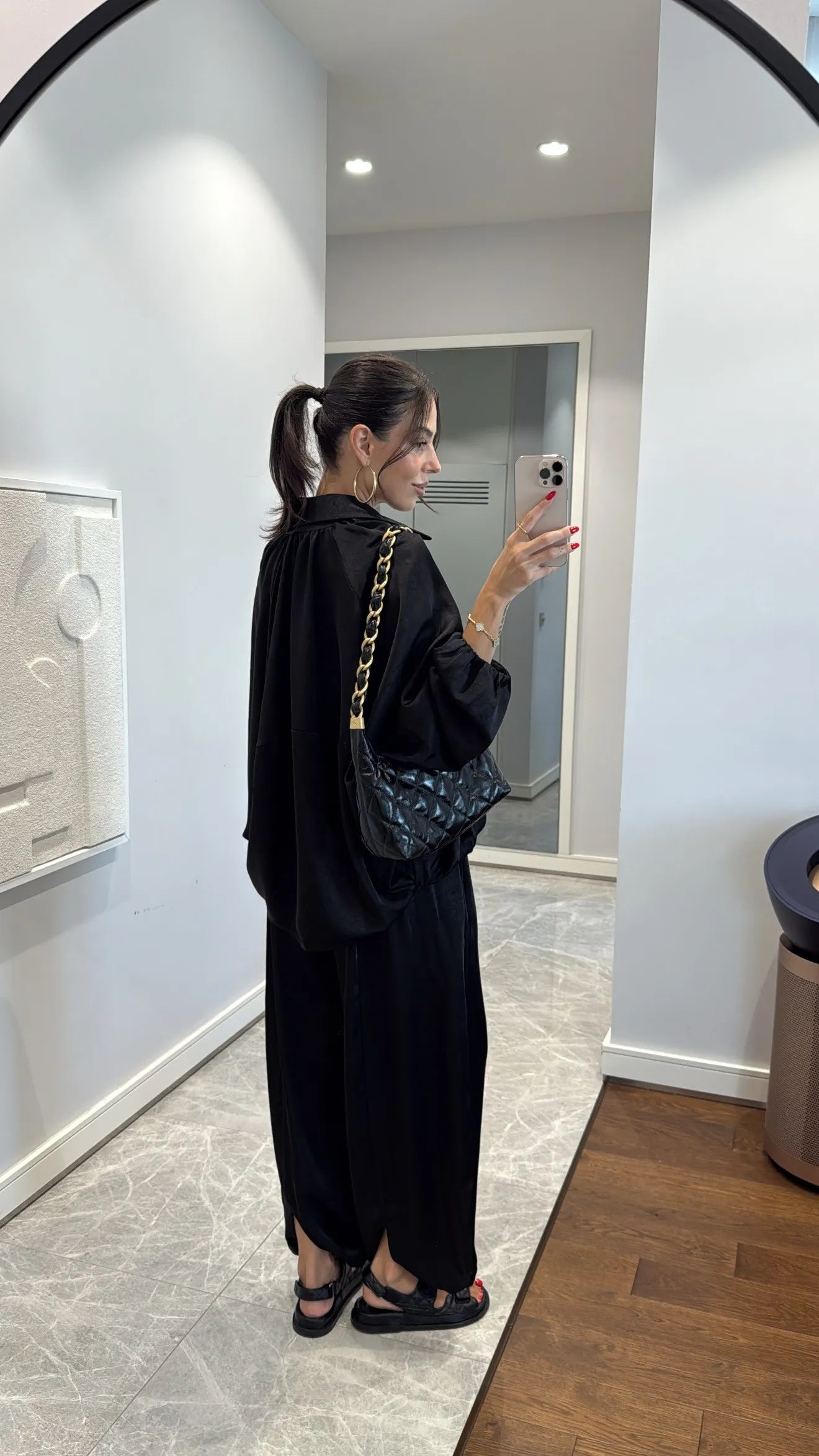Black Satin Bomber Jacket and Harem Pants Set