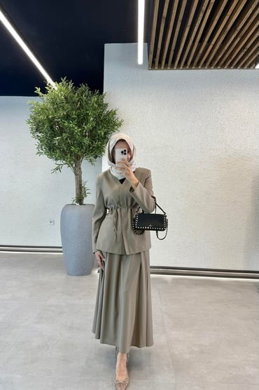 Cotton Blended Skirted Blazer Set - Khaki