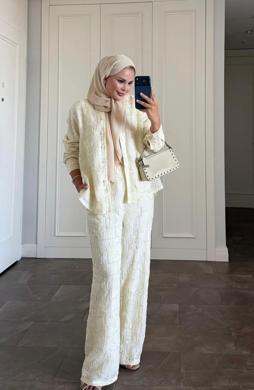 Lilly Modest Trousers Matching Set | Premium Tunic Co-Ord Suit - Beige