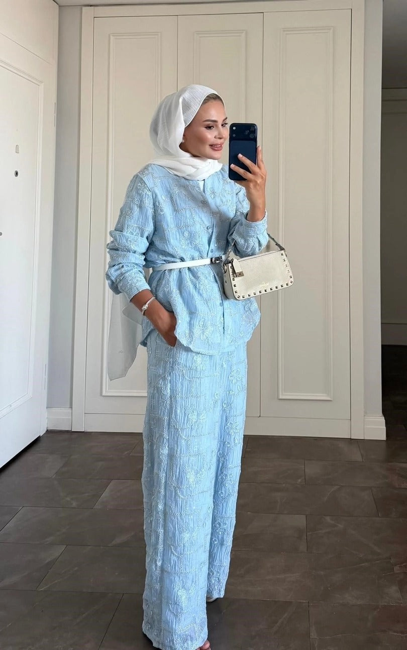 Lilly Modest Trousers Matching Set | Premium Tunic Co-Ord Suit - Blue
