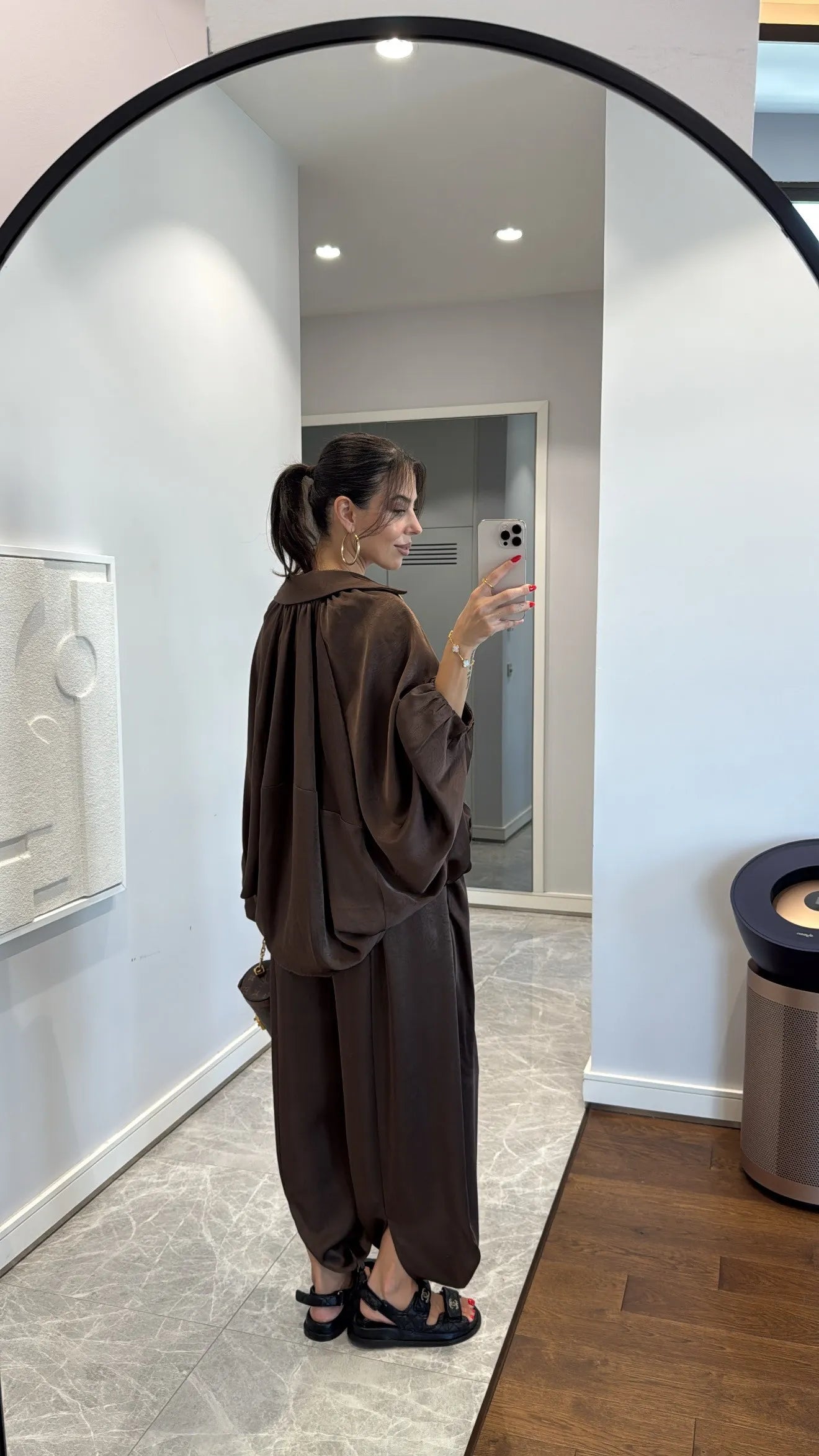 Brown Satin Bomber Jacket and Harem Pants Set