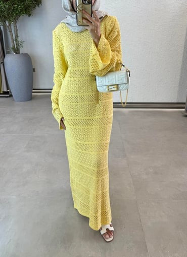 Crochet Maxi Dress with Lining- Yellow