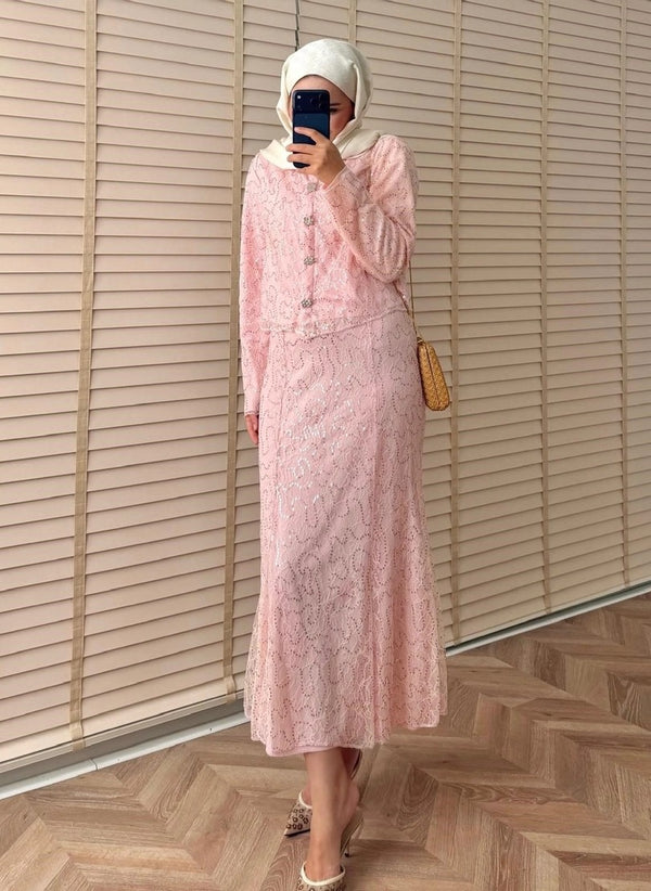 Dantel Parıltılı Etek Takımı – Pembe