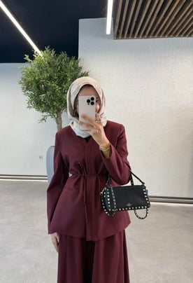 Cotton Blended Skirted Blazer Set - Burgundy