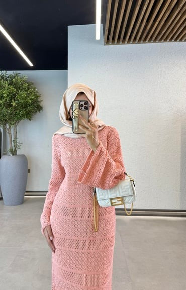 Crochet Maxi Dress with Lining- Pink Salmon