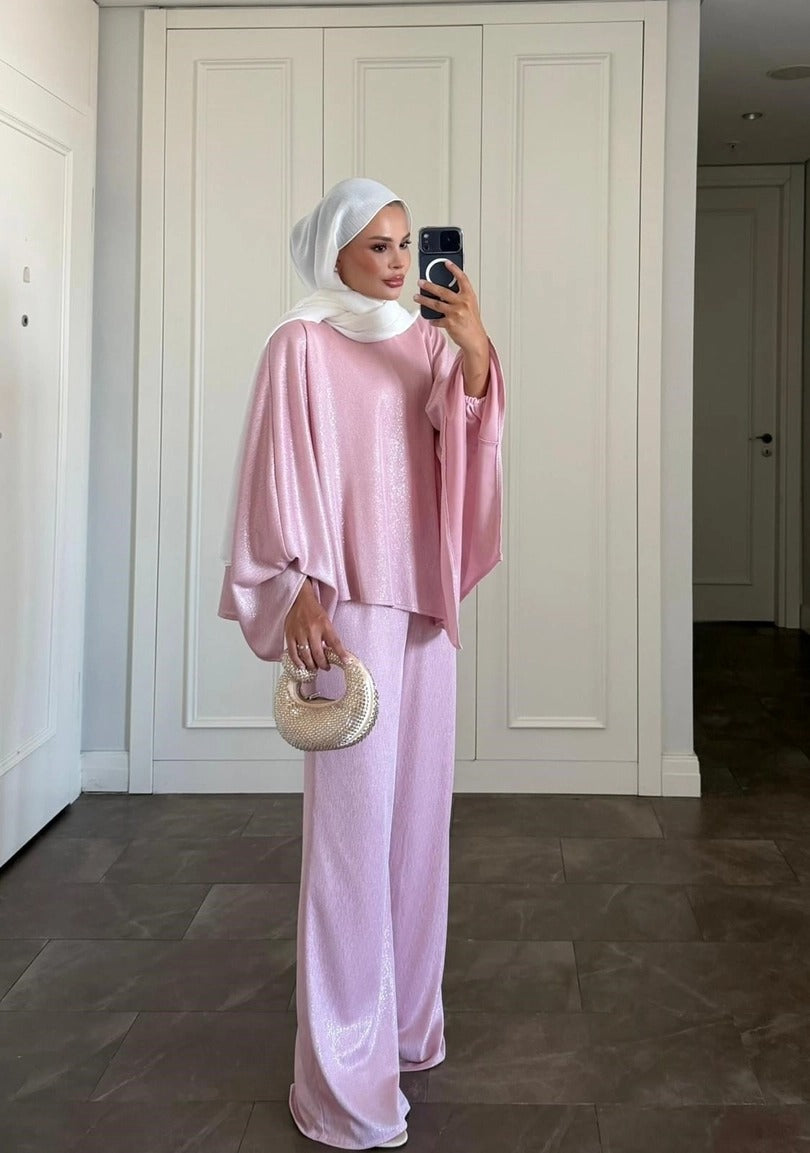 Elmas Kahverengi Işıltılı Asimetrik Pantolon Takımı | Pembe