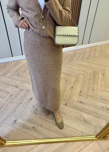 Stone Button Knitwear Blazer & Skirt Co-ord – Camel