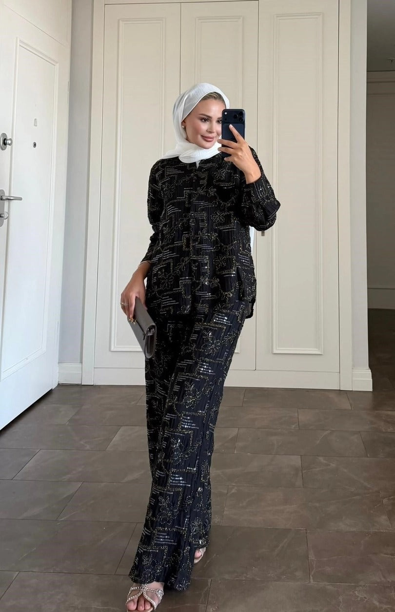 Lilly Modest Trousers Matching Set | Premium Tunic Co-Ord Suit - Black