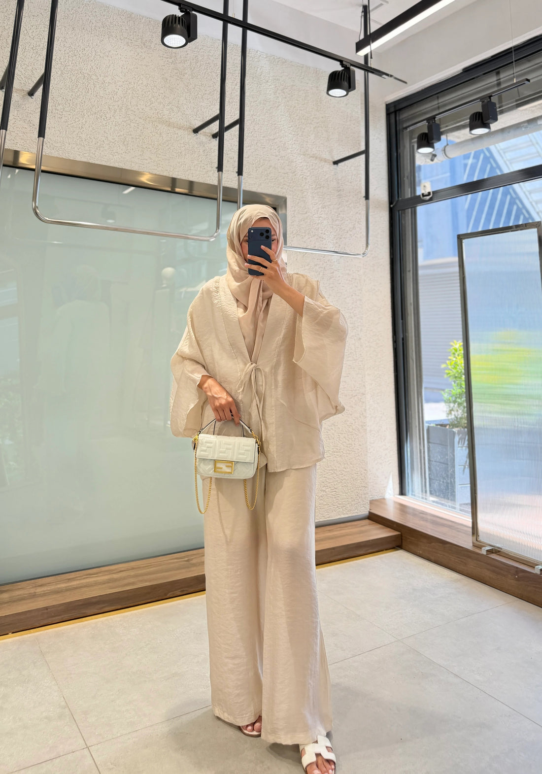 Ecrou Modest Kimono Pantolon Takımı - İki Parçalı Uyumlu Geniş Paça Kıyafet
