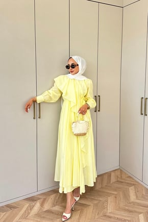 Yellow Cotton Voile Maxi Dress with Ruffle Details