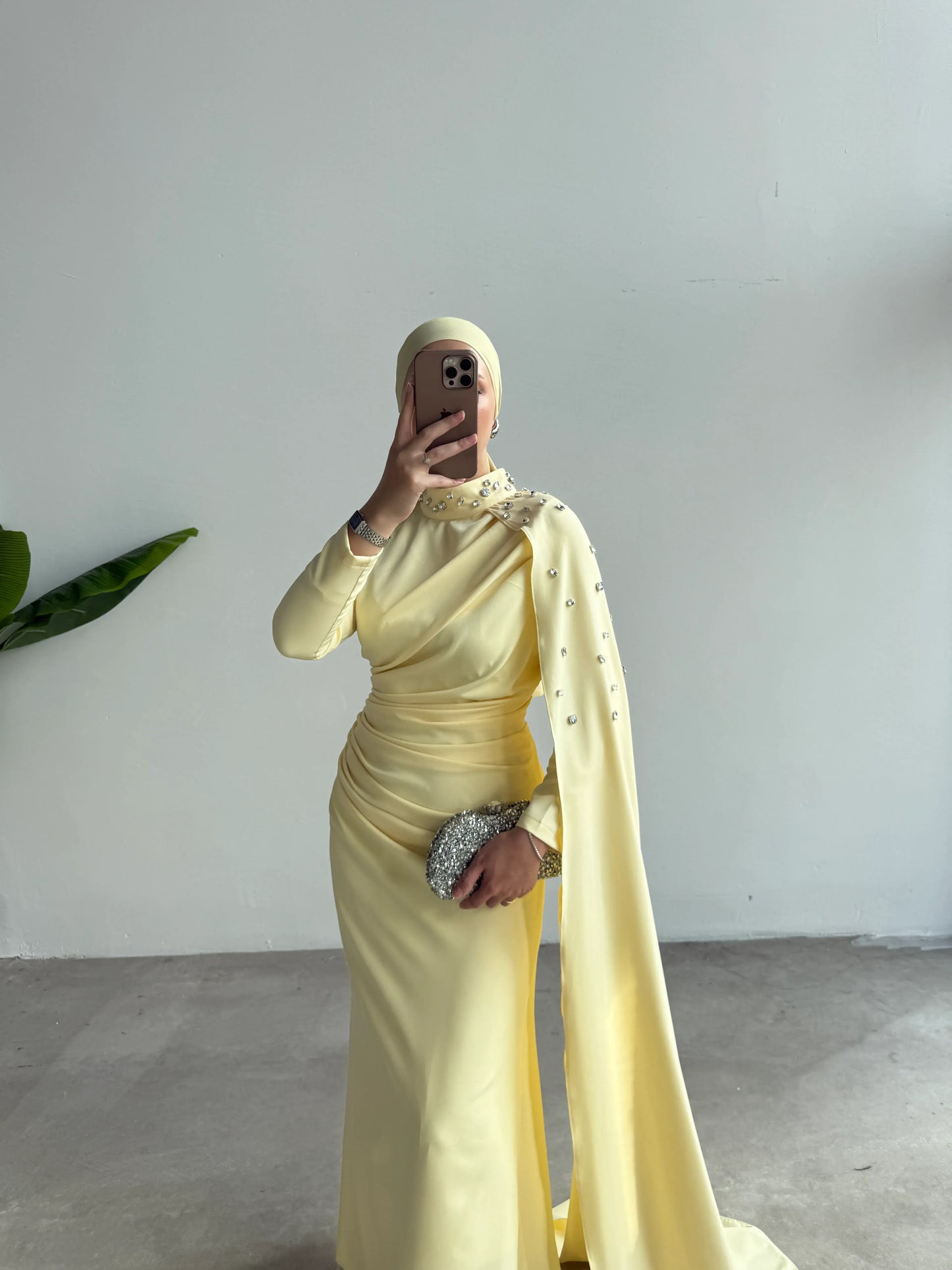 Cape Detail Embellished Butter Yellow Evening Dress