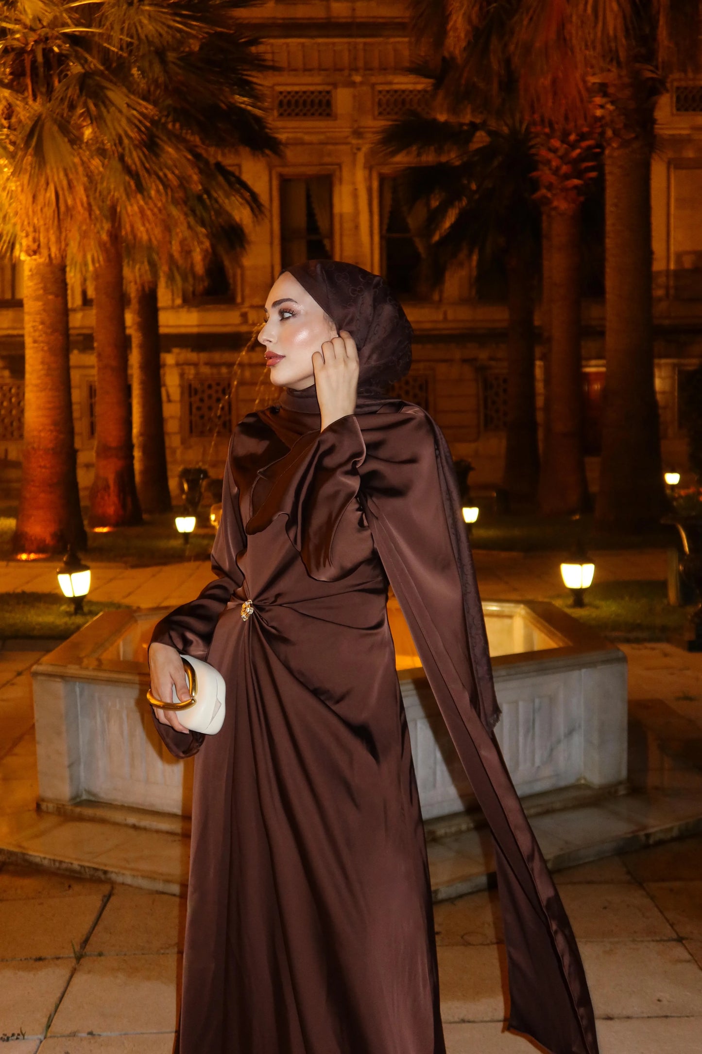 Brooch Detailed Silky Satin Coffee Evening Dress