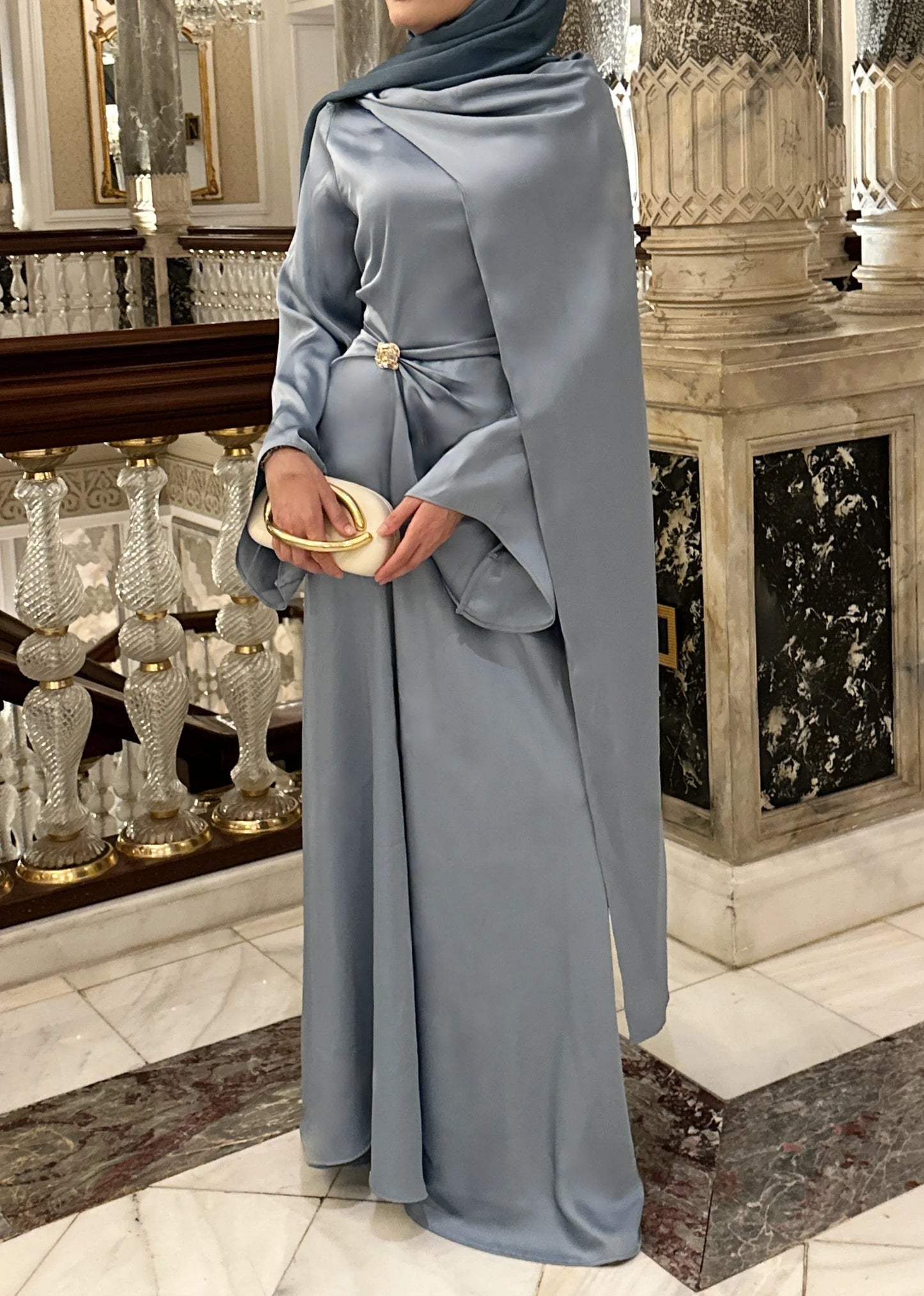 Brooch Detailed Silky Satin Baby Blue Evening Dress