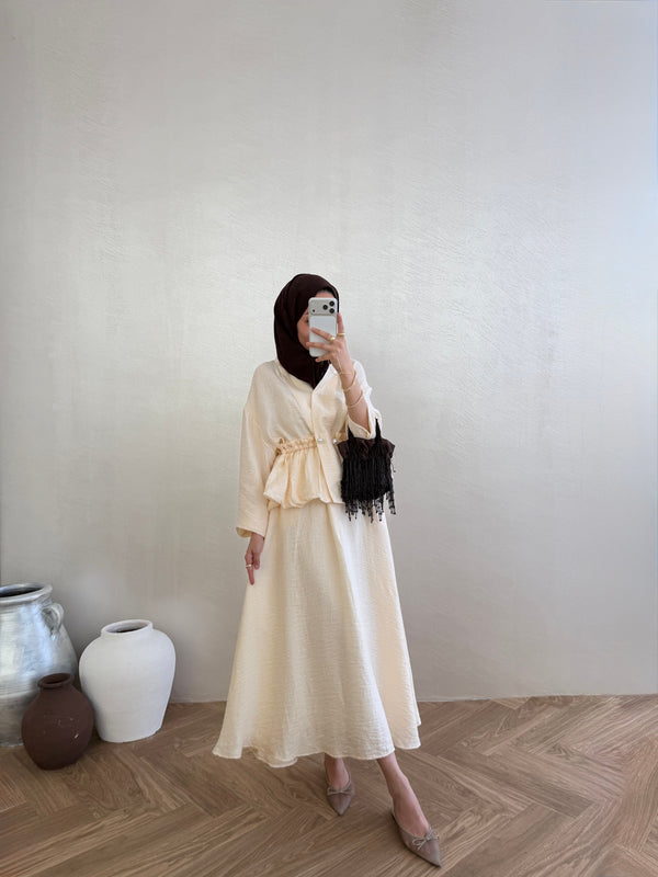 Cantaloupe Pearl-Button Vual Co-ord Set — Modest Blouse & Maxi Skirt