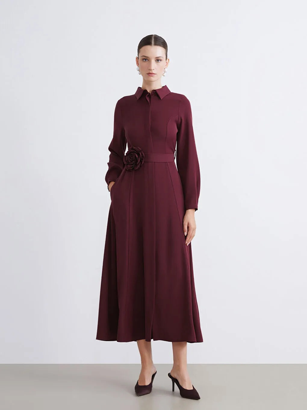 Limited Collection Burgundy Belted Crepe Shirt Dress