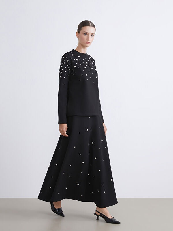 Metal-Appliqué Flared Skirt- Black
