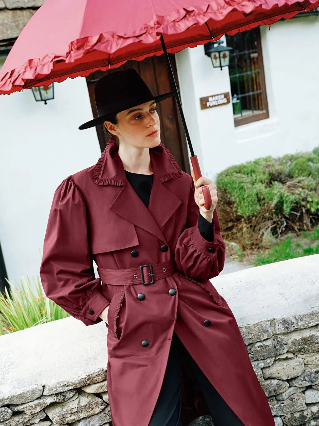 Burgundy Double-Breasted Women's Trench Coat