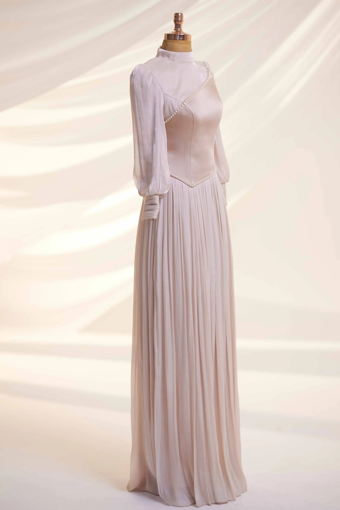 Powder Pink Organza Pearl Detail Modest Evening Dress