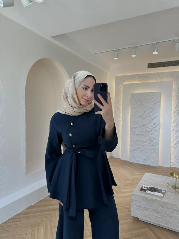 Navy Blue Cupro Two-Piece Set with Gold Button Detail