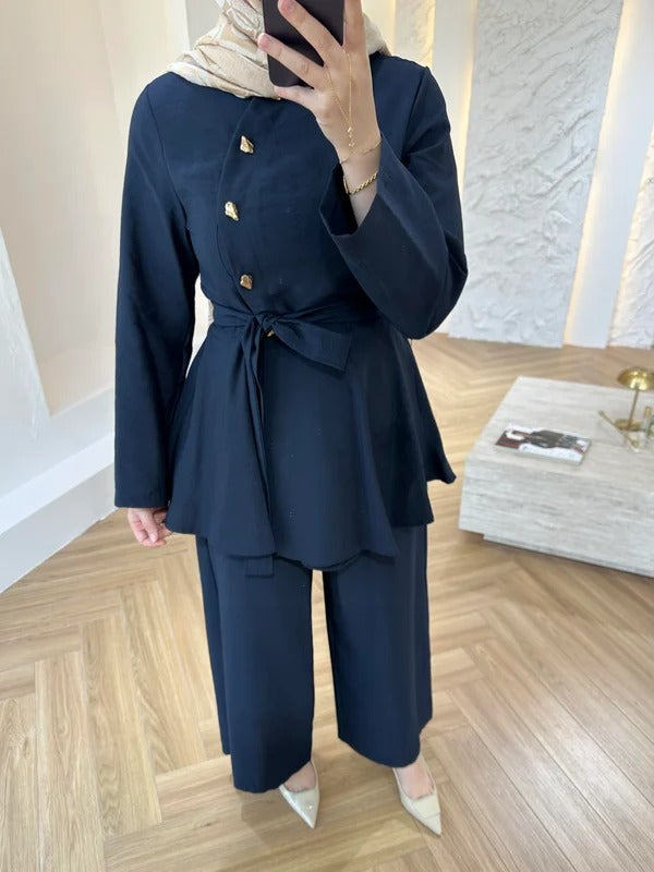 Navy Blue Cupro Two-Piece Set with Gold Button Detail