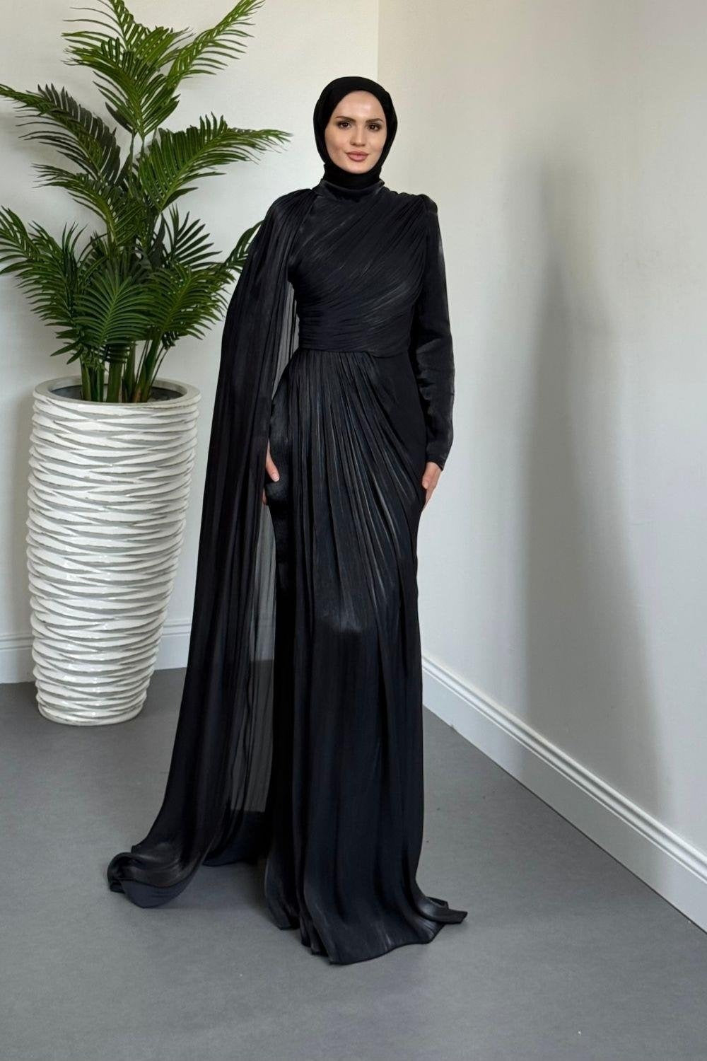 Black One Shoulder Draped Evening Dress with Cape Detail
