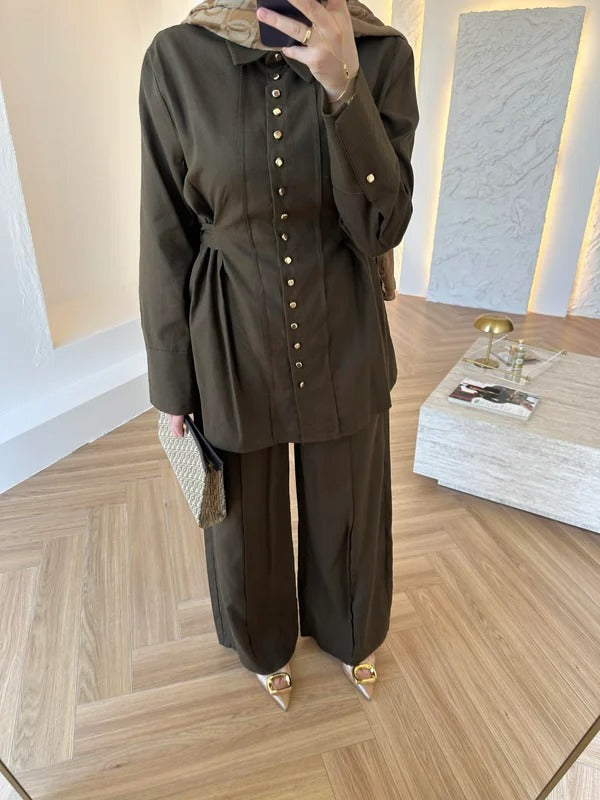 Premium Two-Piece Set with Gold Buttons - Brown