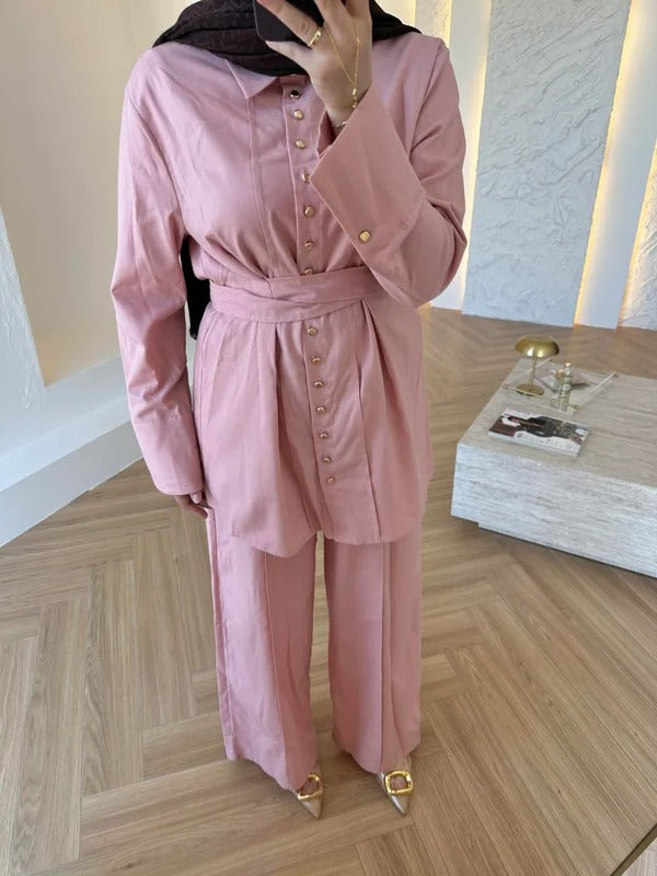Premium Two-Piece Set with Gold Buttons - Pink
