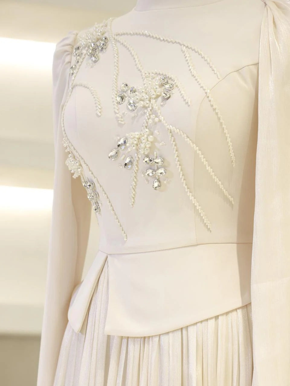 Beaded Embellished Maxi Evening Dress for Formal Events - Cream