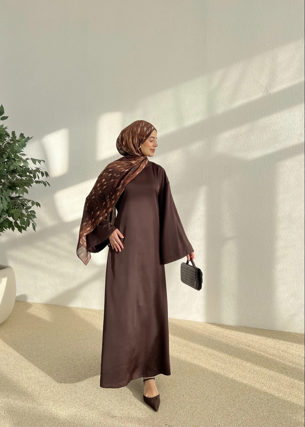 Brown Satin Adjustable Waist Dress